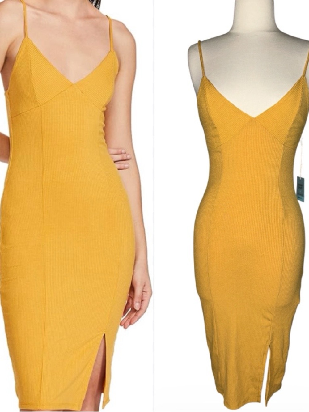 Forever 21 Mustard Ribbed Spaghetti‑Strap Midi Dress